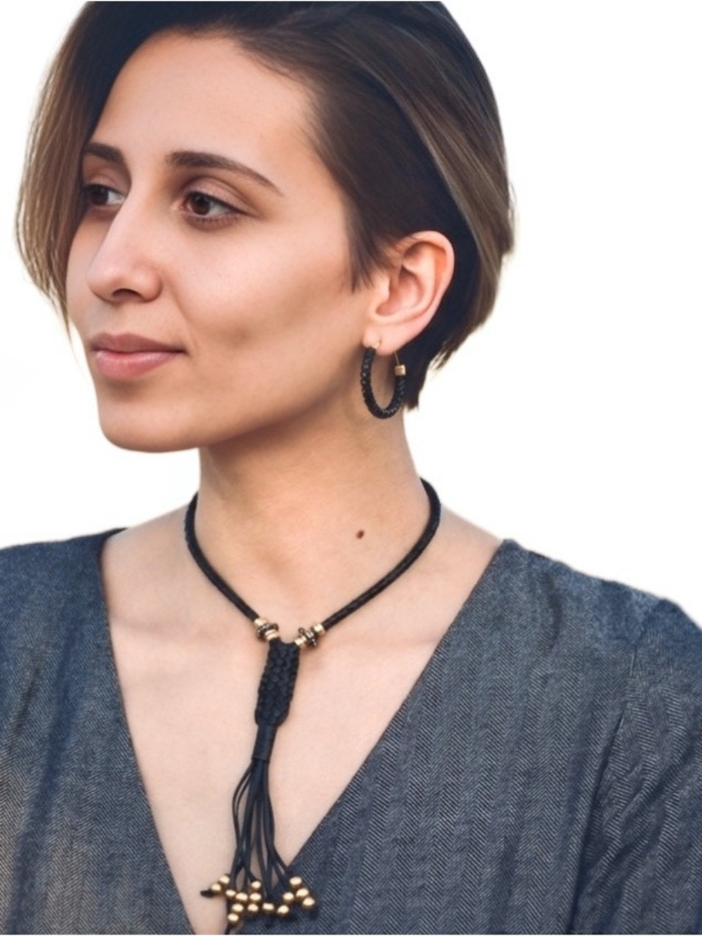 Pulccino Leather Tassel Lariat & David Aubrey Hoop Earring Set | Boho